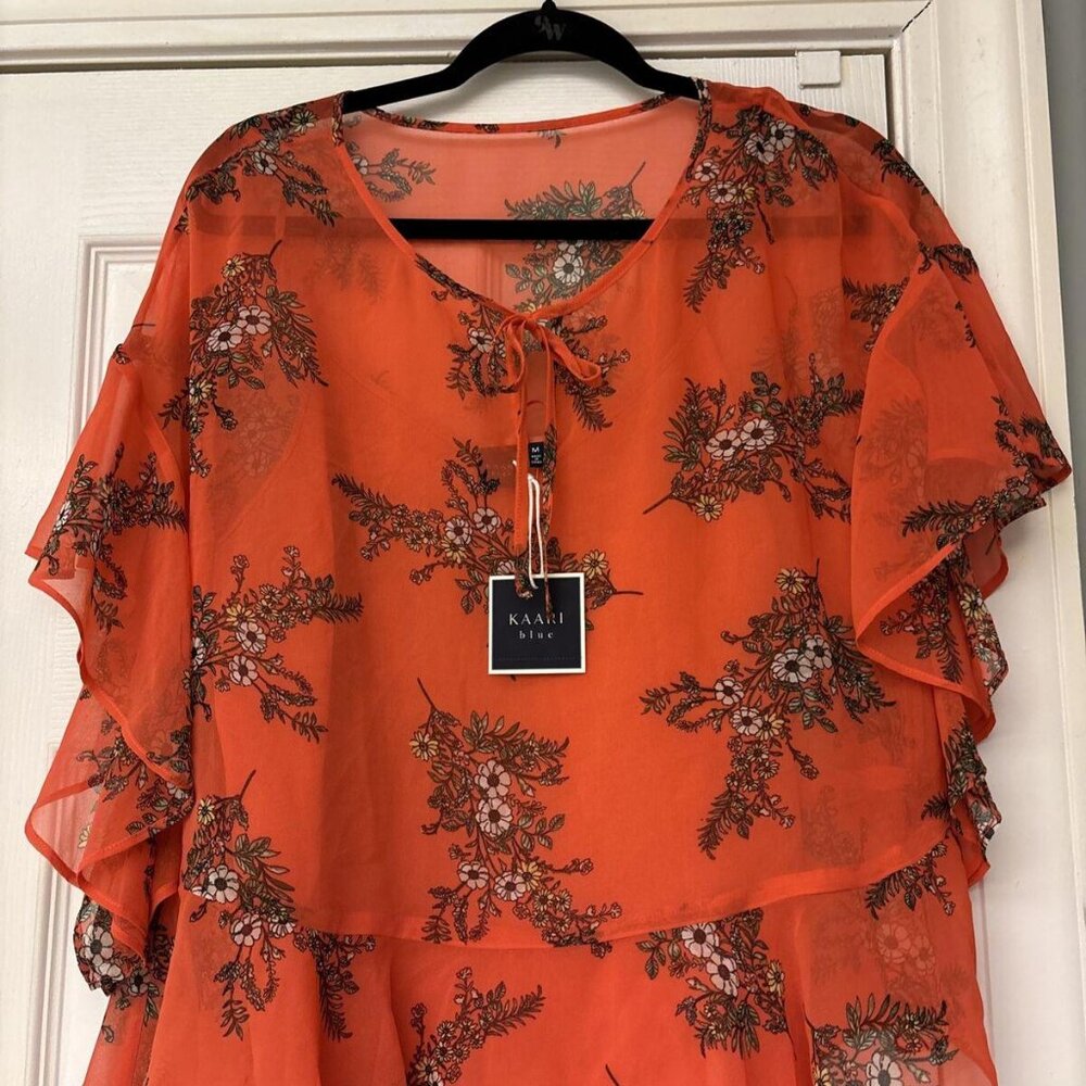 KAARI BLUE~ NWT $59 Coral Floral Top Boho Blouse Short Sleeves ~ M. New! - Picture 1 of 9